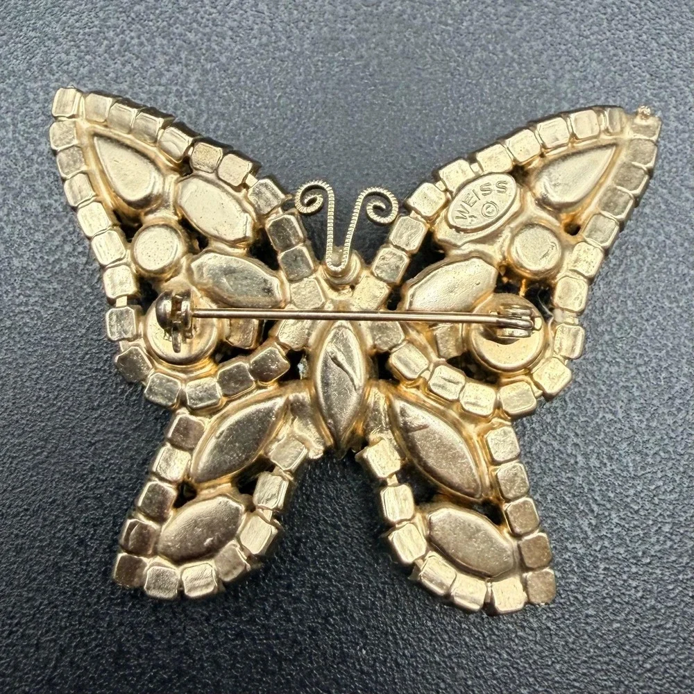 Weiss Butterfly Brooch Multicolor Givré Iris Glass Rhinestone Signed 1950s